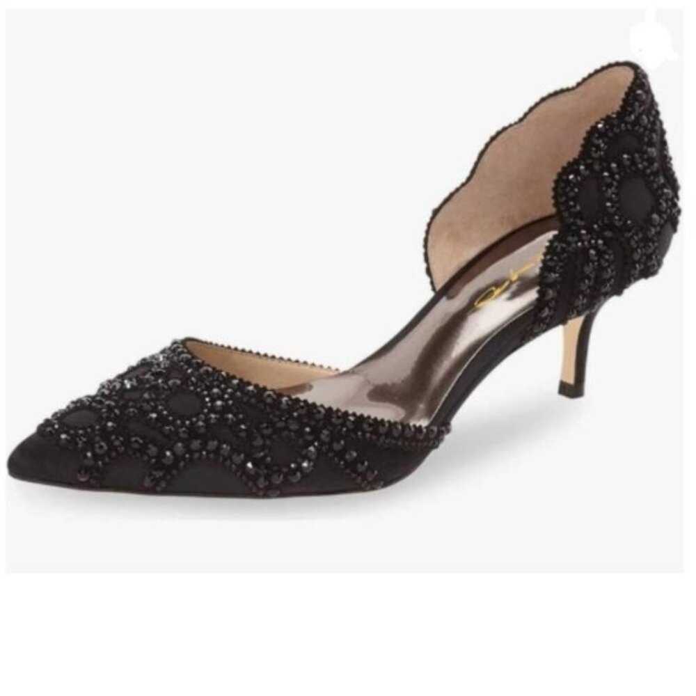 XYD Black Elegant Pointed Toe D'Orsay Kitten Heel Rhinestone Studs Slip-On Pump